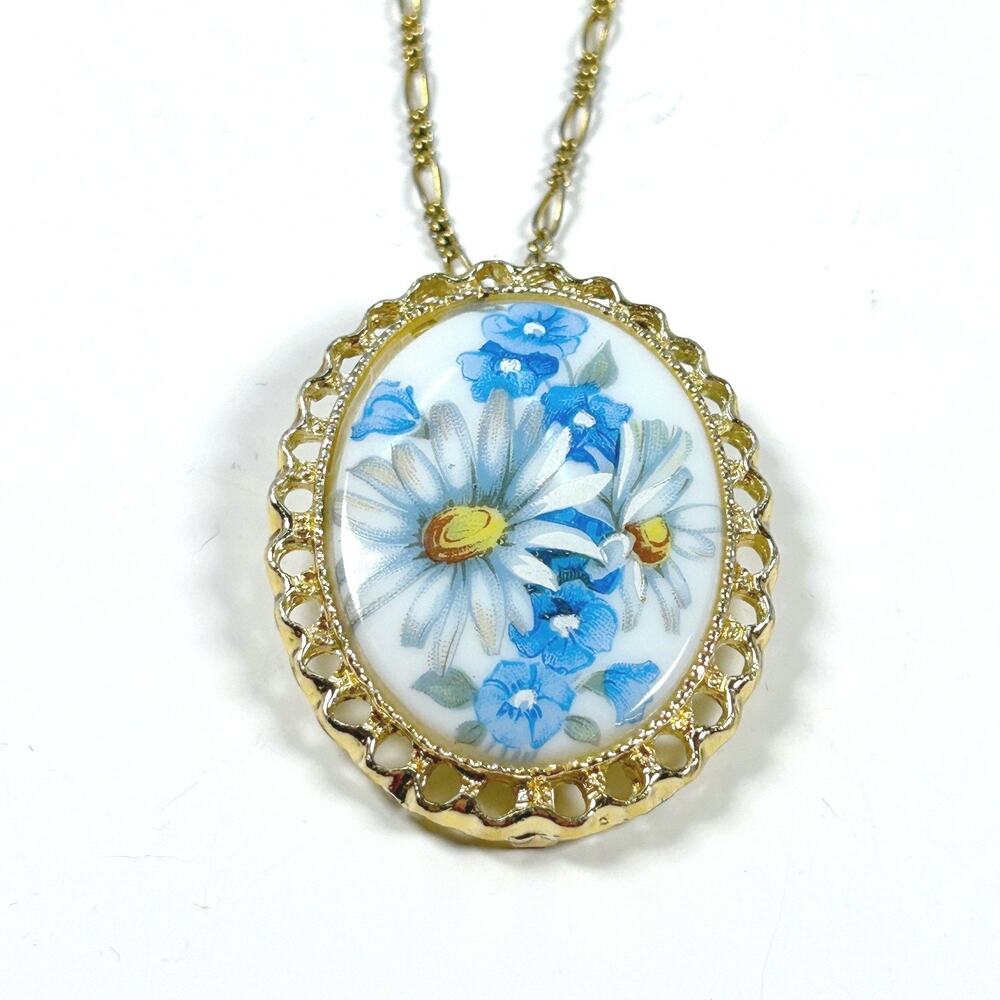 Monet Floral Daisy Oval Pendant Necklace Brooch Blue White Gold Tone 20" Vintage